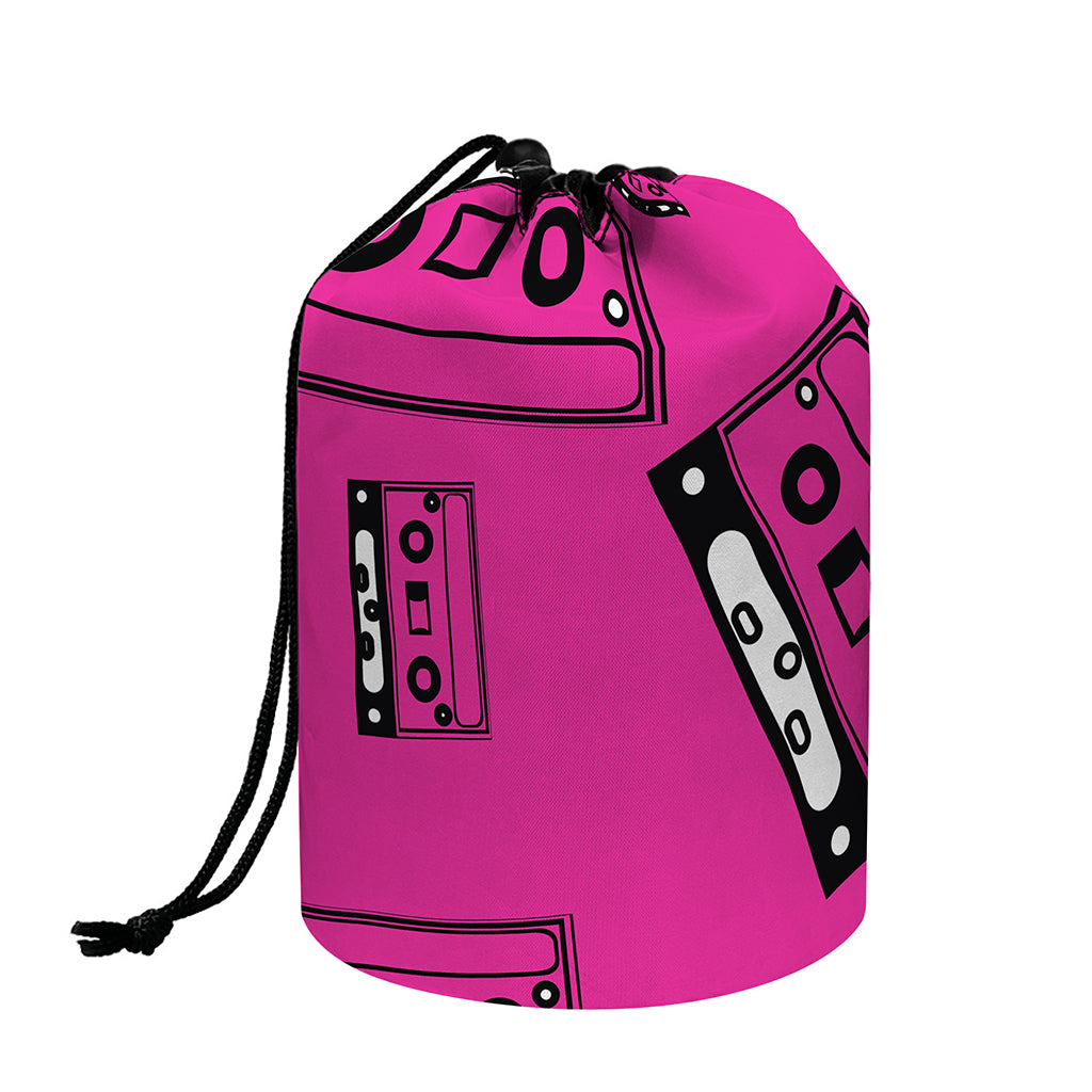 Pink Cassette Tape Pattern Print Drawstring Makeup Bag