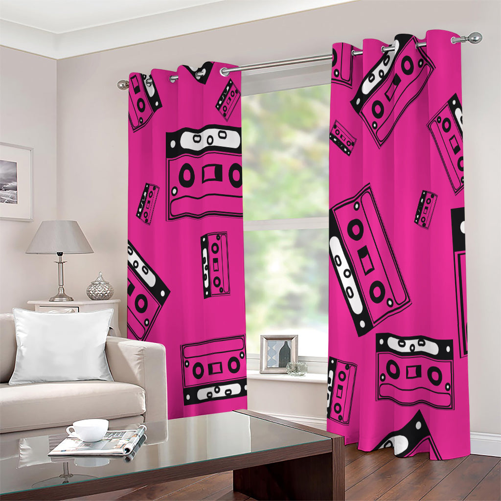 Pink Cassette Tape Pattern Print Extra Wide Grommet Curtains