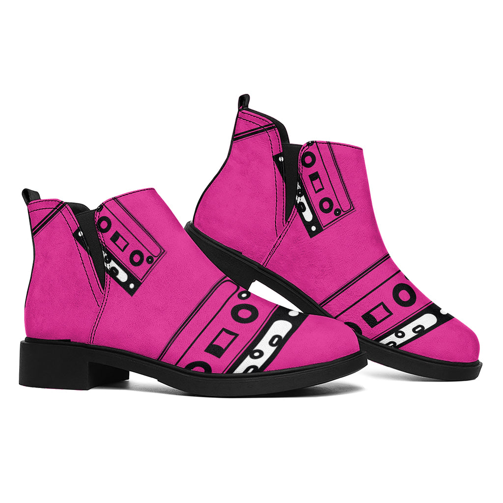 Pink Cassette Tape Pattern Print Flat Ankle Boots