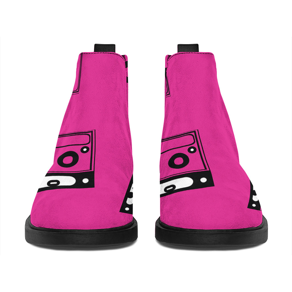 Pink Cassette Tape Pattern Print Flat Ankle Boots