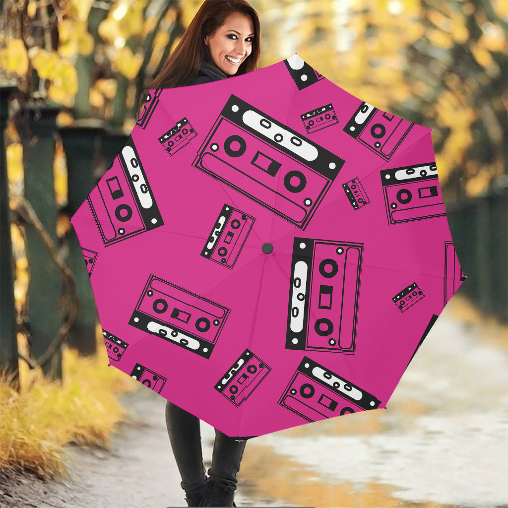 Pink Cassette Tape Pattern Print Foldable Umbrella