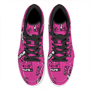 Pink Cassette Tape Pattern Print High Top Leather Sneakers