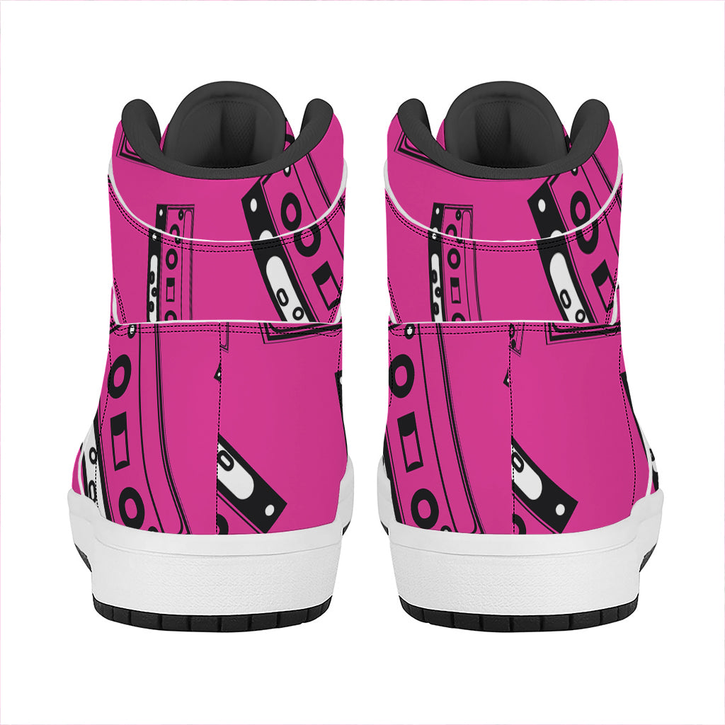 Pink Cassette Tape Pattern Print High Top Leather Sneakers