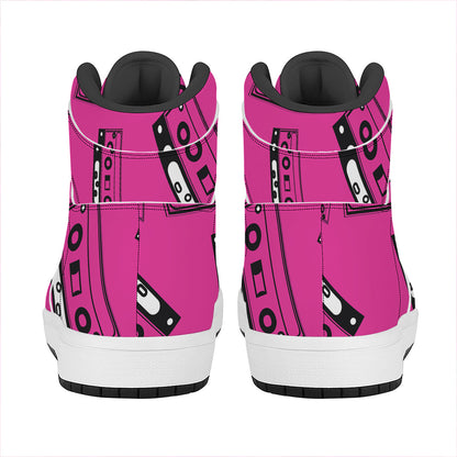 Pink Cassette Tape Pattern Print High Top Leather Sneakers