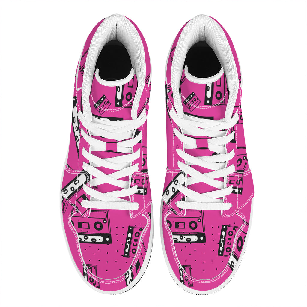 Pink Cassette Tape Pattern Print High Top Leather Sneakers