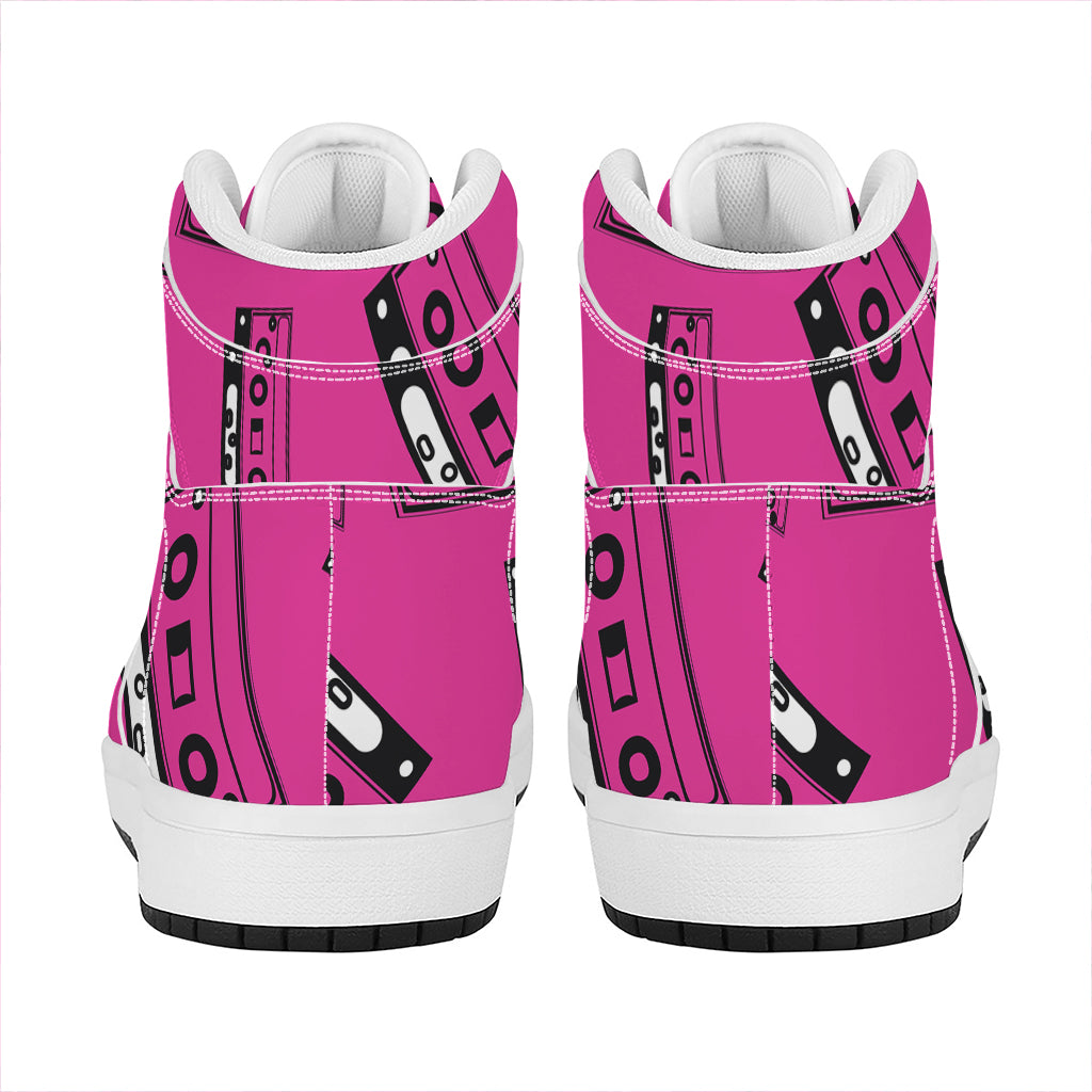 Pink Cassette Tape Pattern Print High Top Leather Sneakers