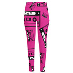 Pink Cassette Tape Pattern Print High-Waisted Pocket Leggings