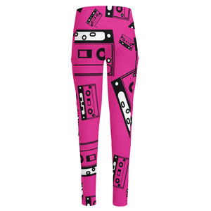 Pink Cassette Tape Pattern Print High-Waisted Pocket Leggings