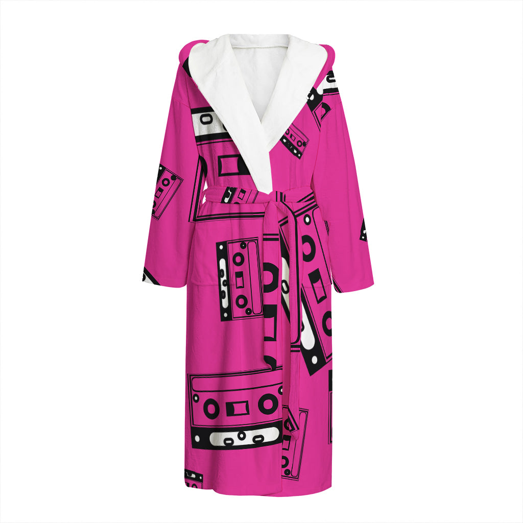 Pink Cassette Tape Pattern Print Hooded Bathrobe