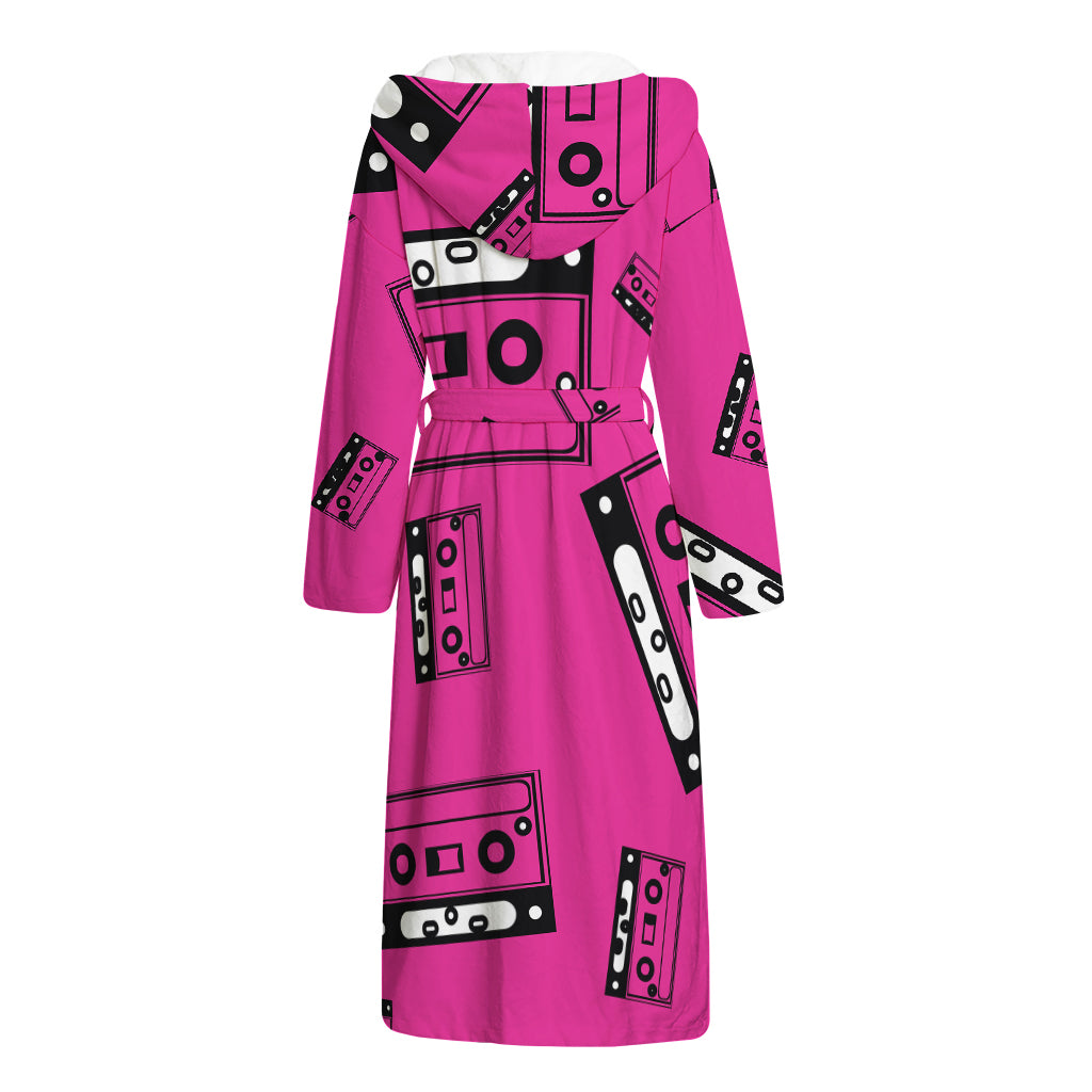 Pink Cassette Tape Pattern Print Hooded Bathrobe