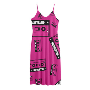 Pink Cassette Tape Pattern Print Jersey Midi Cami Dress