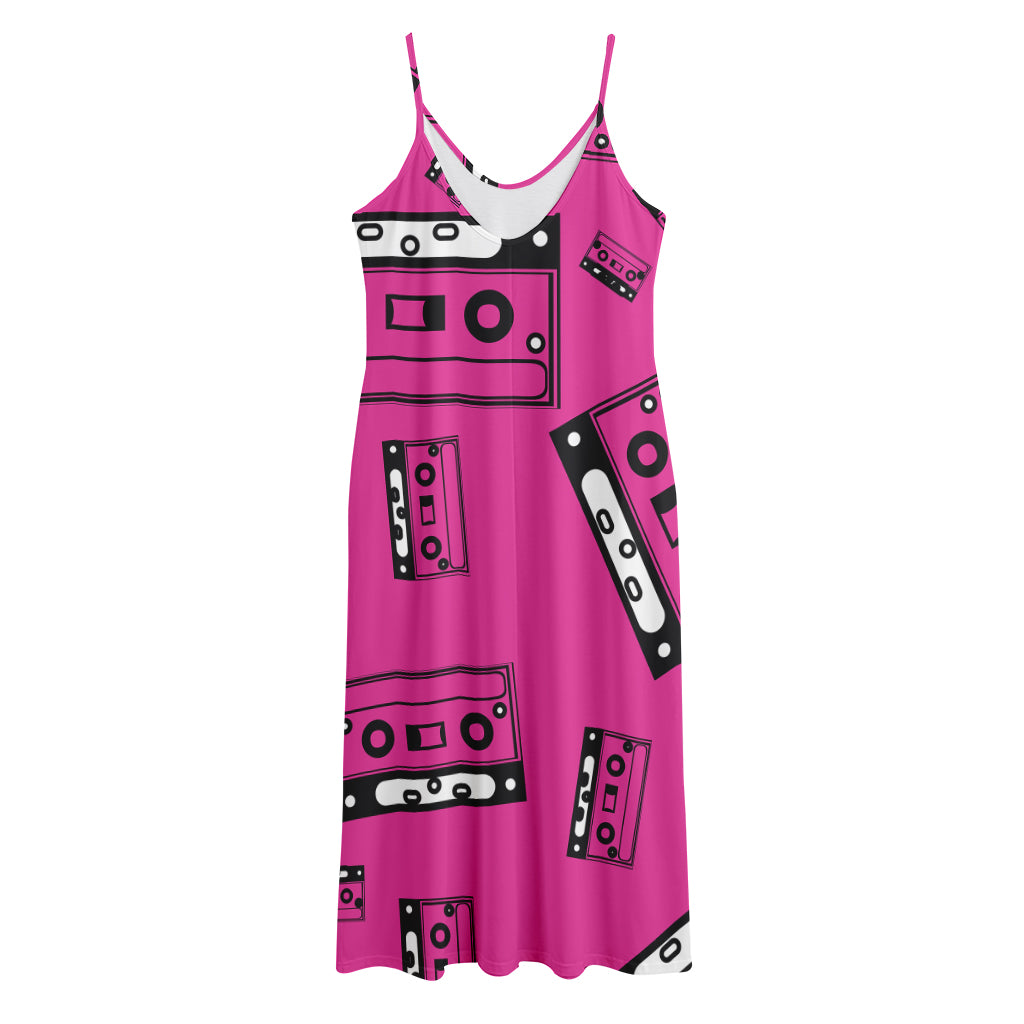 Pink Cassette Tape Pattern Print Jersey Midi Cami Dress