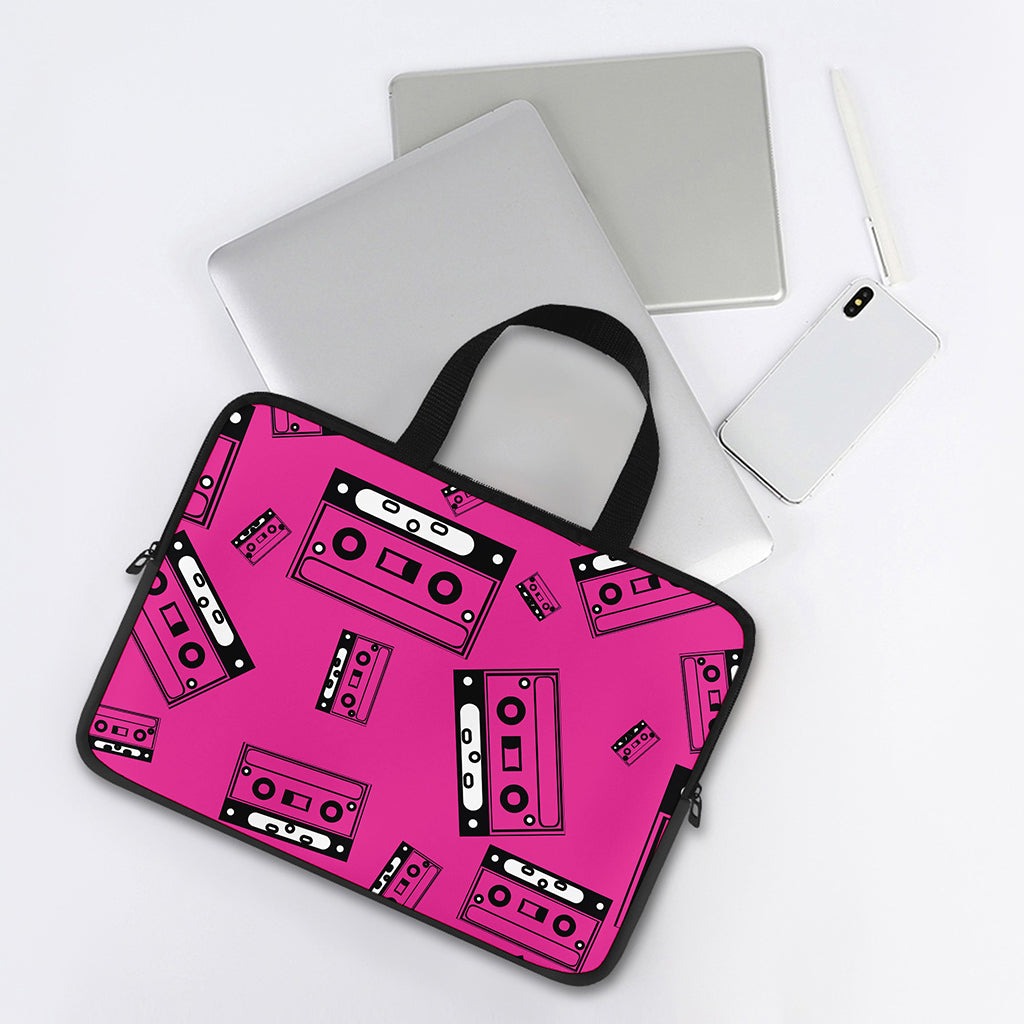 Pink Cassette Tape Pattern Print Laptop Sleeve With Handle