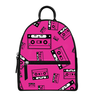 Pink Cassette Tape Pattern Print Leather Backpack