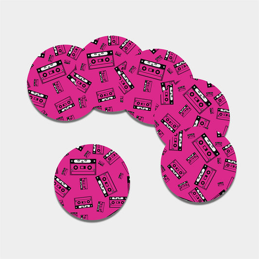 Pink Cassette Tape Pattern Print Leather Coaster Set