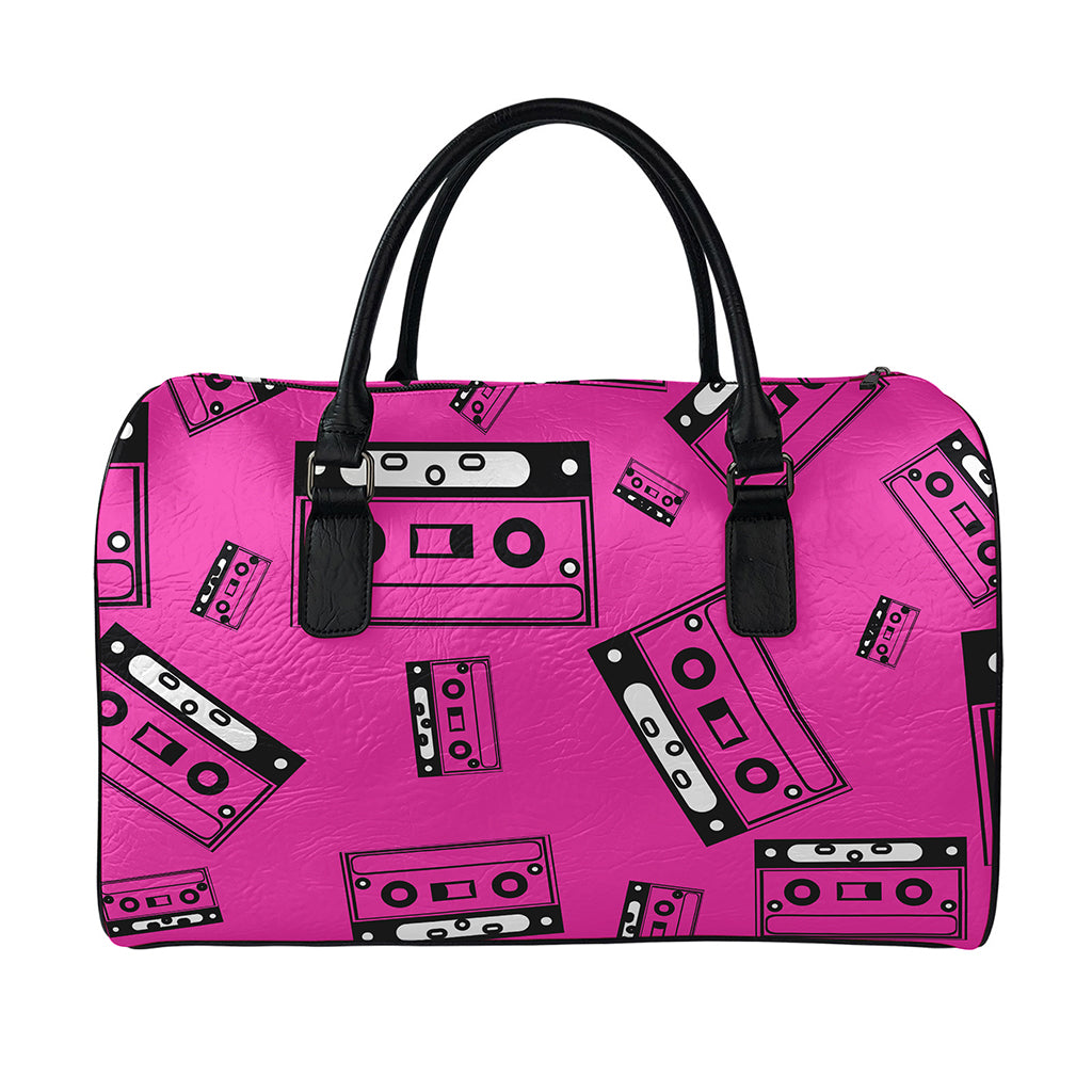 Pink Cassette Tape Pattern Print Leather Duffle Bag