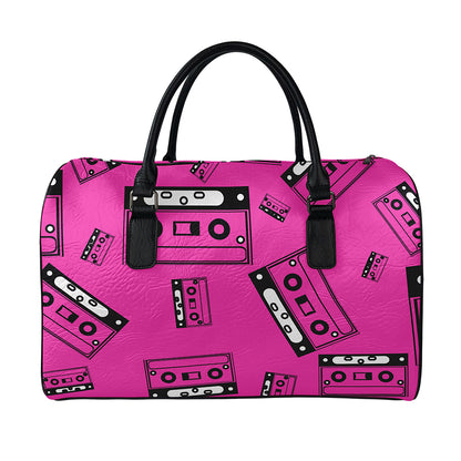 Pink Cassette Tape Pattern Print Leather Duffle Bag