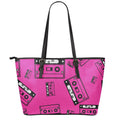 Pink Cassette Tape Pattern Print Leather Tote Bag With Zipper