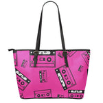 Pink Cassette Tape Pattern Print Leather Tote Bag