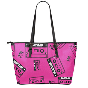 Pink Cassette Tape Pattern Print Leather Tote Bag