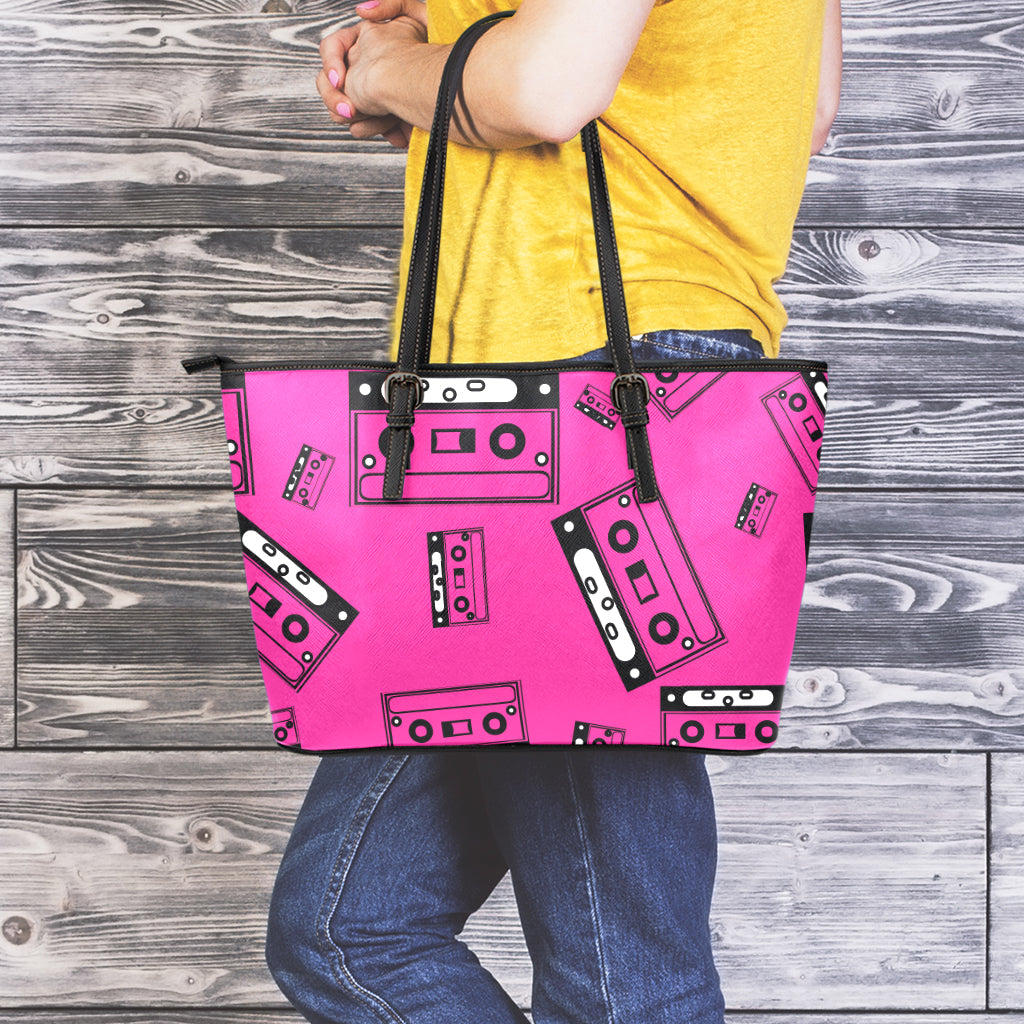 Pink Cassette Tape Pattern Print Leather Tote Bag