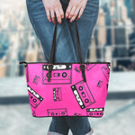 Pink Cassette Tape Pattern Print Leather Tote Bag