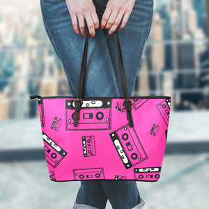 Pink Cassette Tape Pattern Print Leather Tote Bag