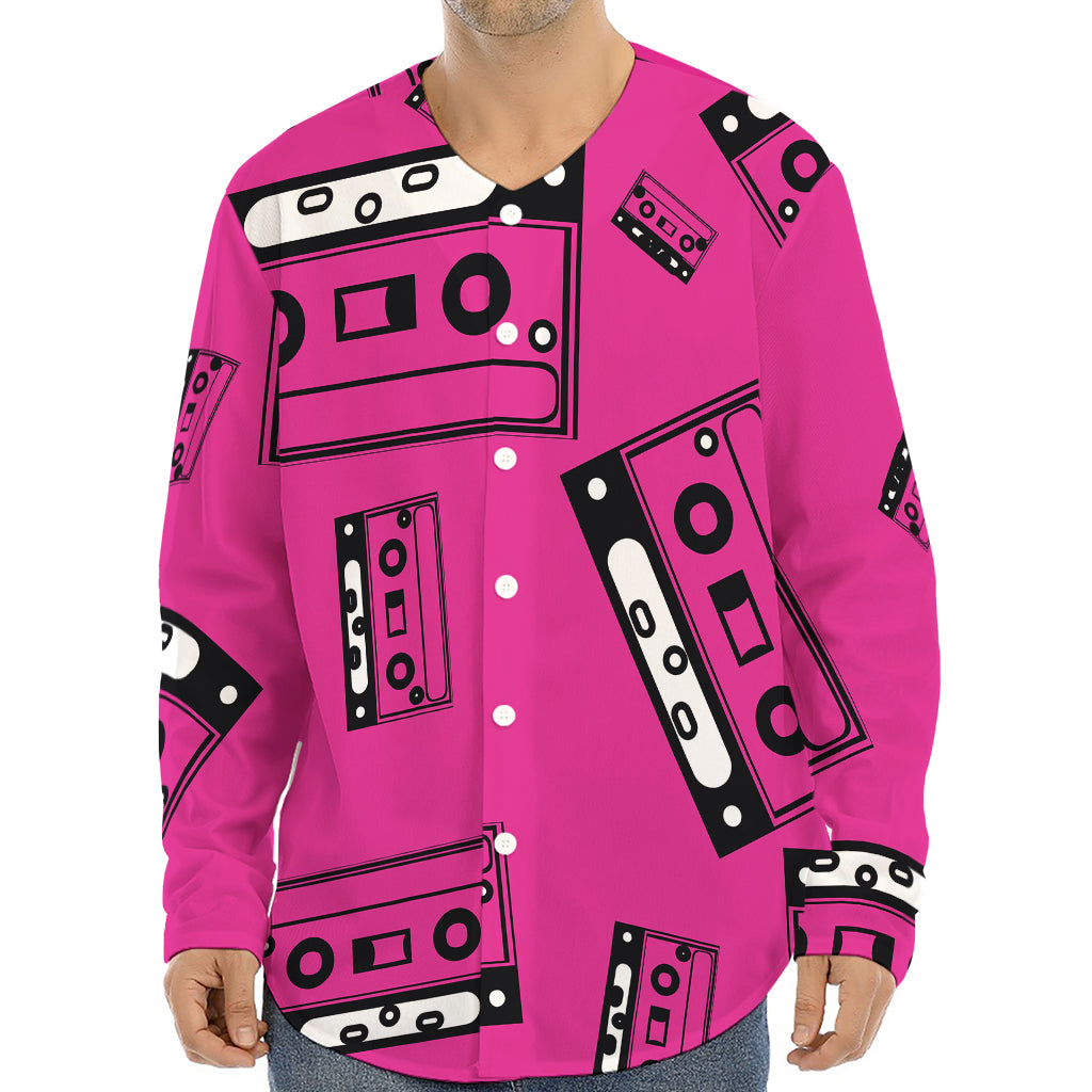 Pink Cassette Tape Pattern Print Long Sleeve Baseball Jersey