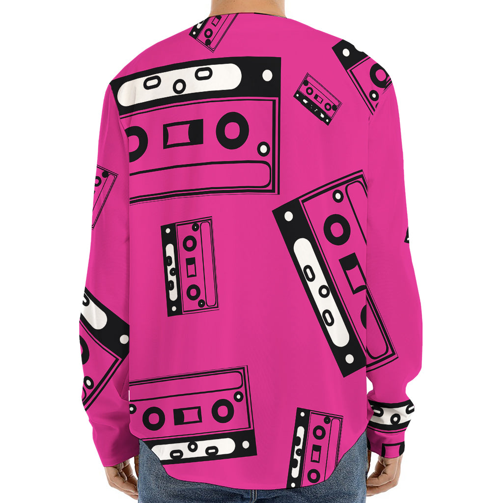 Pink Cassette Tape Pattern Print Long Sleeve Baseball Jersey