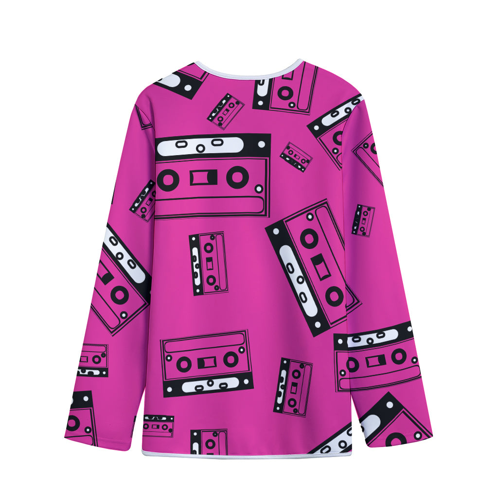 Pink Cassette Tape Pattern Print Long Sleeve Short Coat