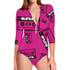 Pink Cassette Tape Pattern Print Long Sleeve Swimsuit