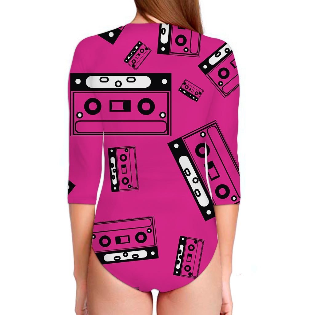 Pink Cassette Tape Pattern Print Long Sleeve Swimsuit