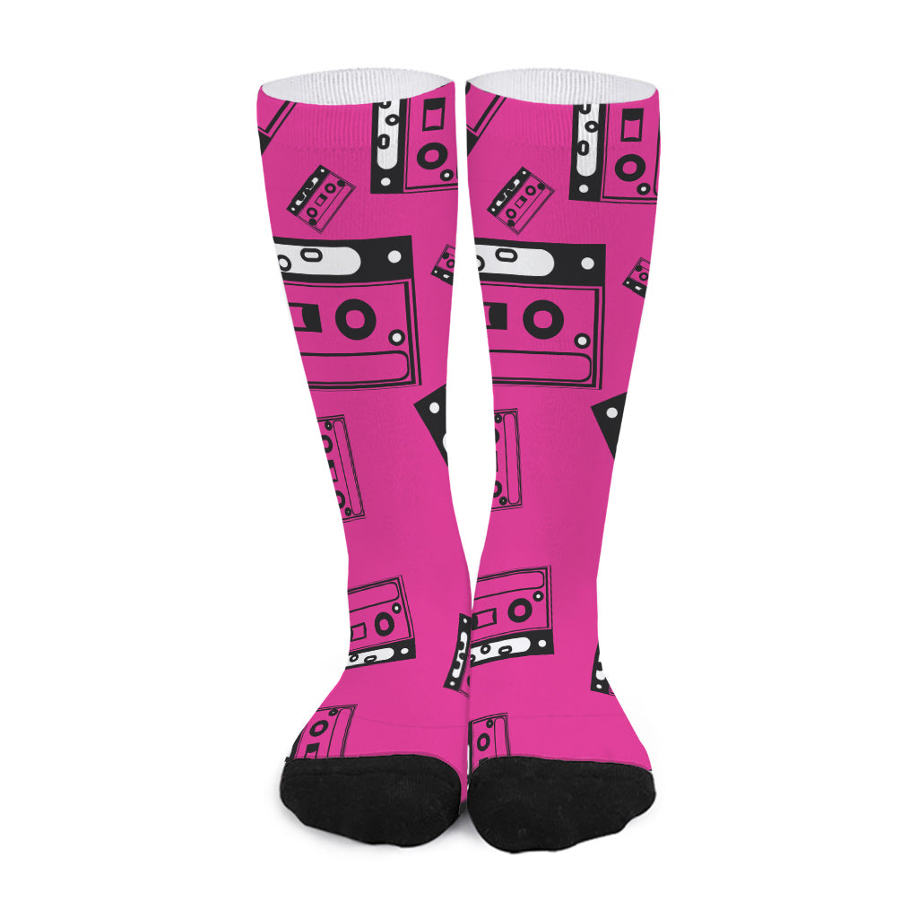 Pink Cassette Tape Pattern Print Long Socks