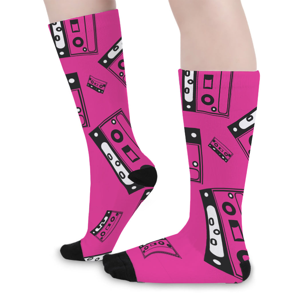 Pink Cassette Tape Pattern Print Long Socks