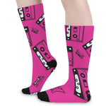 Pink Cassette Tape Pattern Print Long Socks