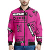 Pink Cassette Tape Pattern Print Men's Bomber Jacket