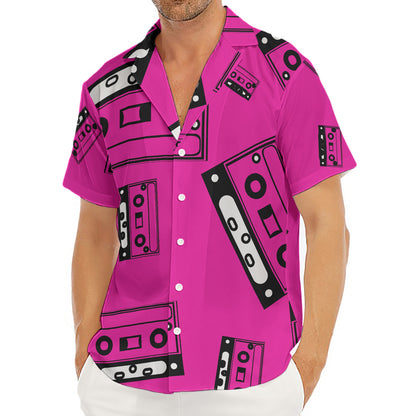 Pink Cassette Tape Pattern Print Men's Deep V-Neck Shirt