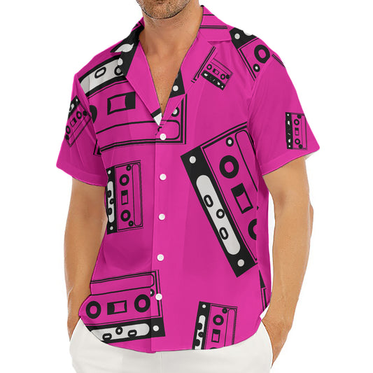 Pink Cassette Tape Pattern Print Men's Deep V-Neck Shirt