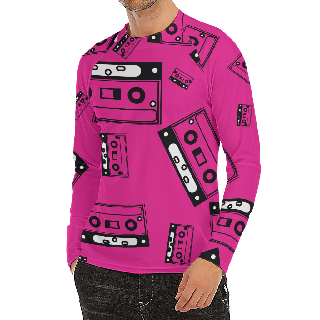 Pink Cassette Tape Pattern Print Men's Long Sleeve Rash Guard