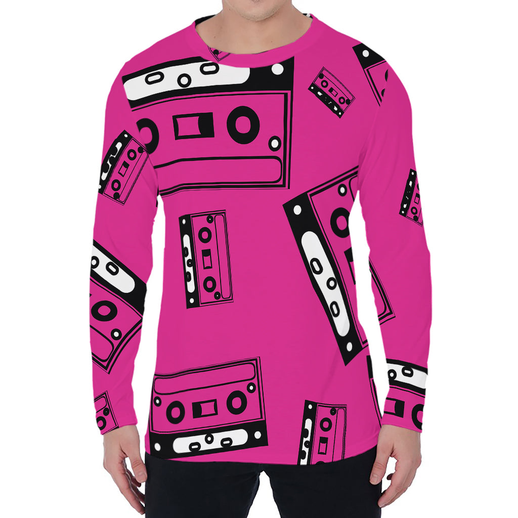 Pink Cassette Tape Pattern Print Men's Long Sleeve T-Shirt