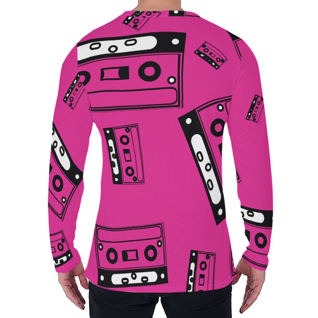 Pink Cassette Tape Pattern Print Men's Long Sleeve T-Shirt