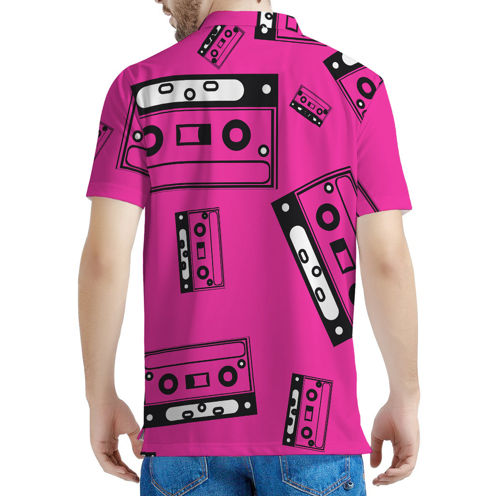 Pink Cassette Tape Pattern Print Men's Polo Shirt