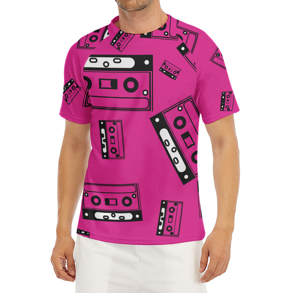 Pink Cassette Tape Pattern Print Men's Short Sleeve Rash Guard