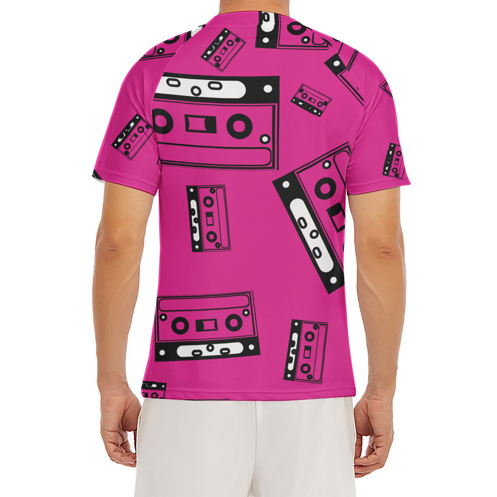 Pink Cassette Tape Pattern Print Men's Short Sleeve Rash Guard