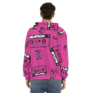 Pink Cassette Tape Pattern Print Men's Velvet Pullover Hoodie