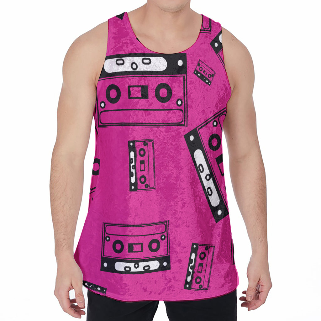 Pink Cassette Tape Pattern Print Men's Velvet Tank Top