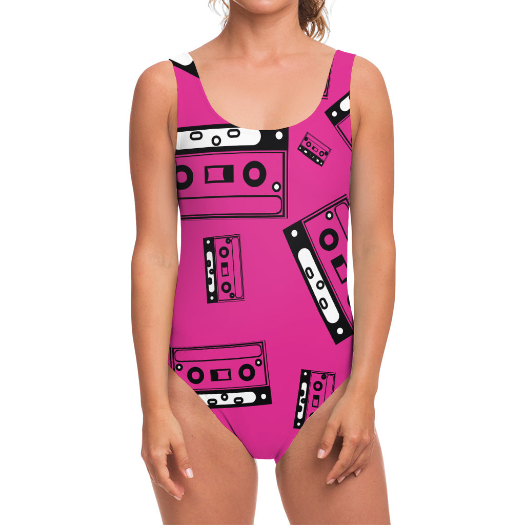 Pink Cassette Tape Pattern Print One Piece Swimsuit