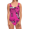 Pink Cassette Tape Pattern Print One Piece Swimsuit