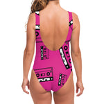 Pink Cassette Tape Pattern Print One Piece Swimsuit