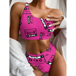 Pink Cassette Tape Pattern Print One Shoulder Bikini Top